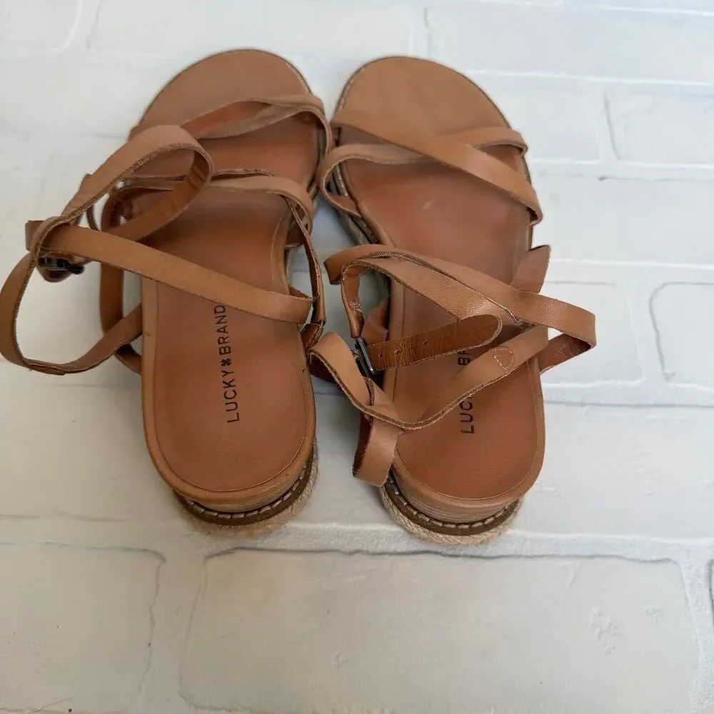 Lucky Brand Nemelli Light Tan Leather Strappy Gladiator Wedge Sandal sz 7.5